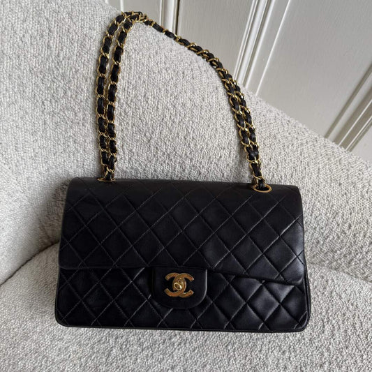 90s Chanel Matelasse Double Flap Chain 24K Gold Black Shoulder Bag