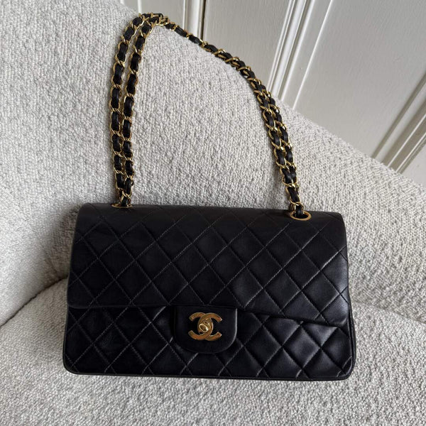 90s Chanel Matelasse Double Flap Chain 24K Gold Black Shoulder Bag