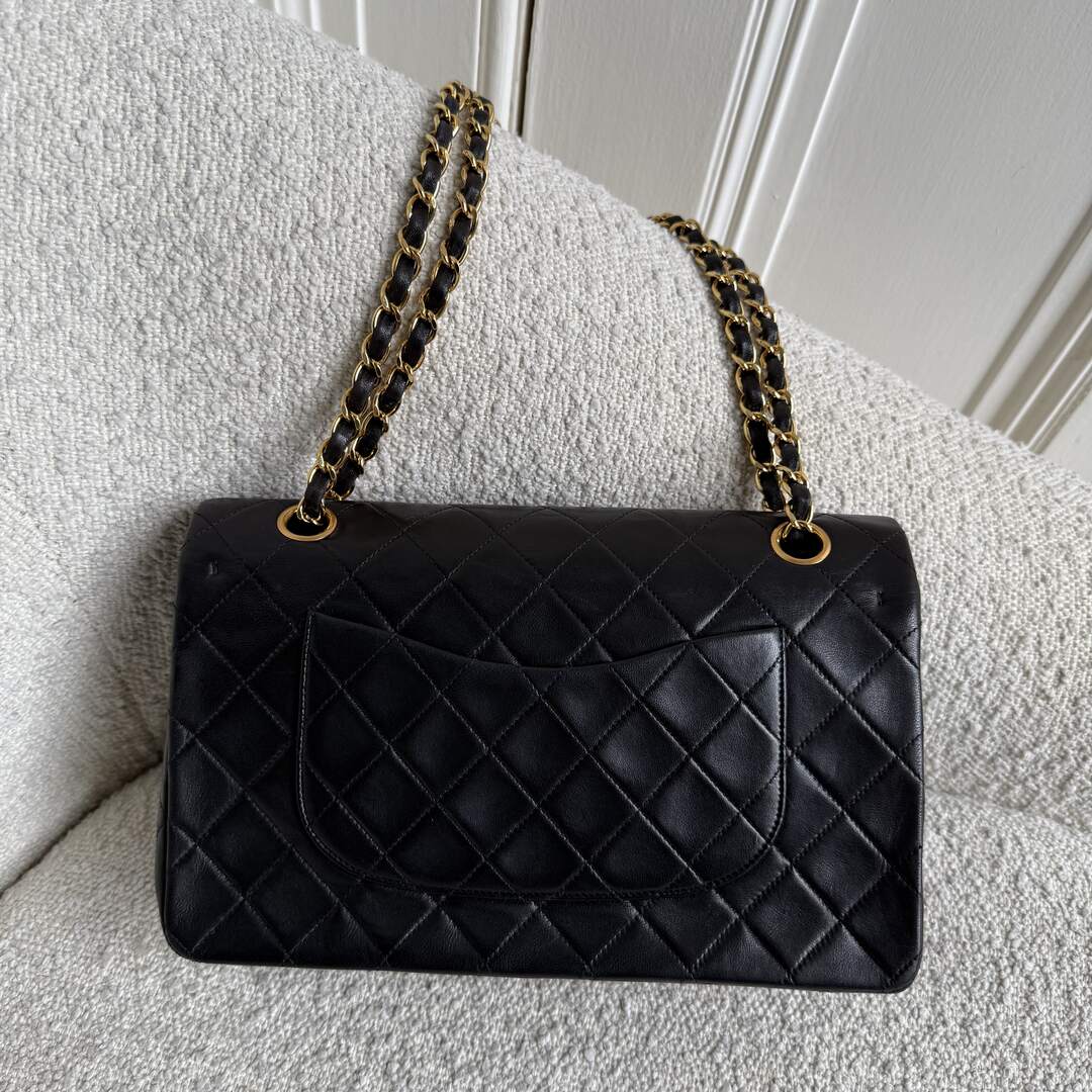 90s Chanel Matelasse Double Flap Chain 24K Gold Black Shoulder Bag