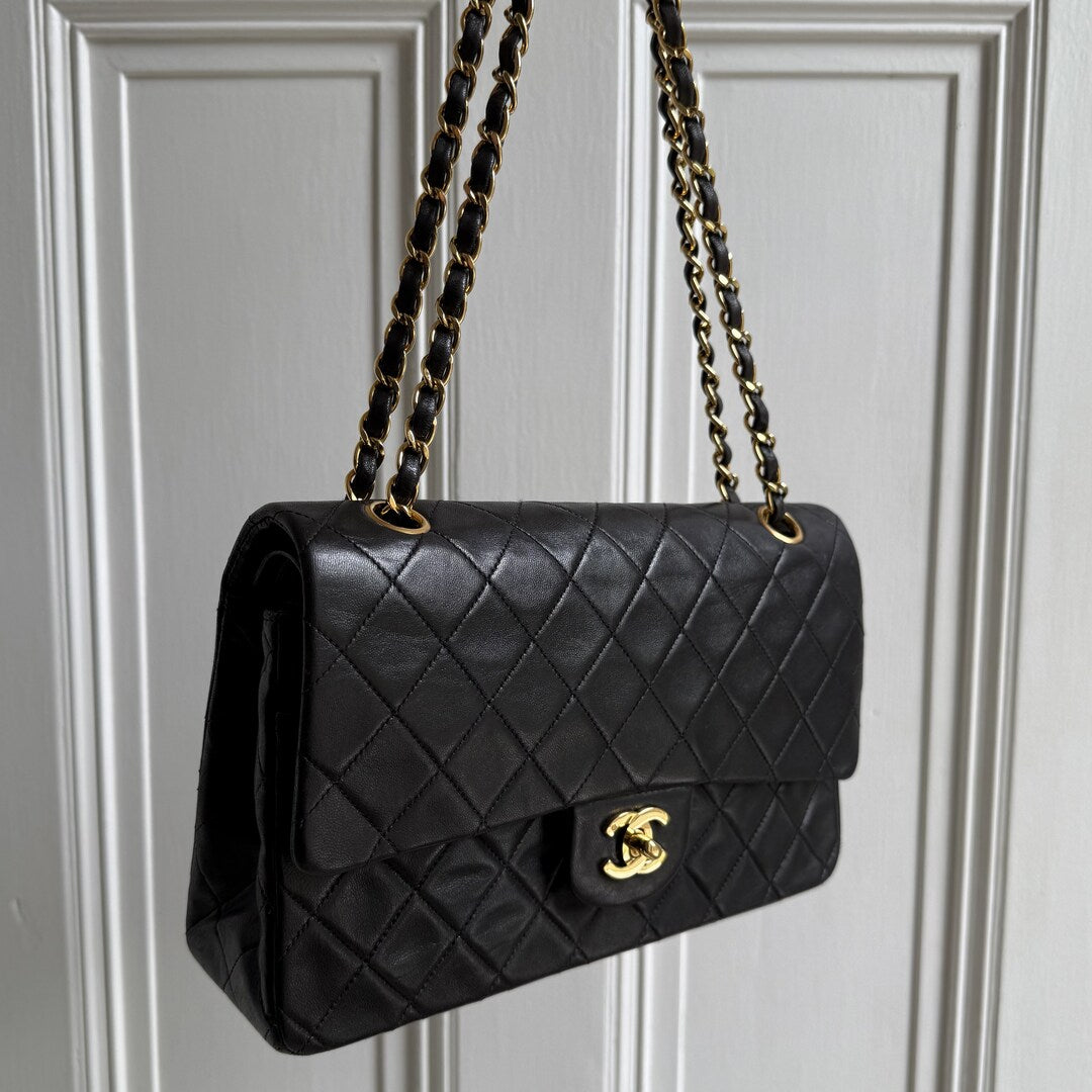 90s Chanel Matelasse Double Flap Chain 24K Gold Black Shoulder Bag