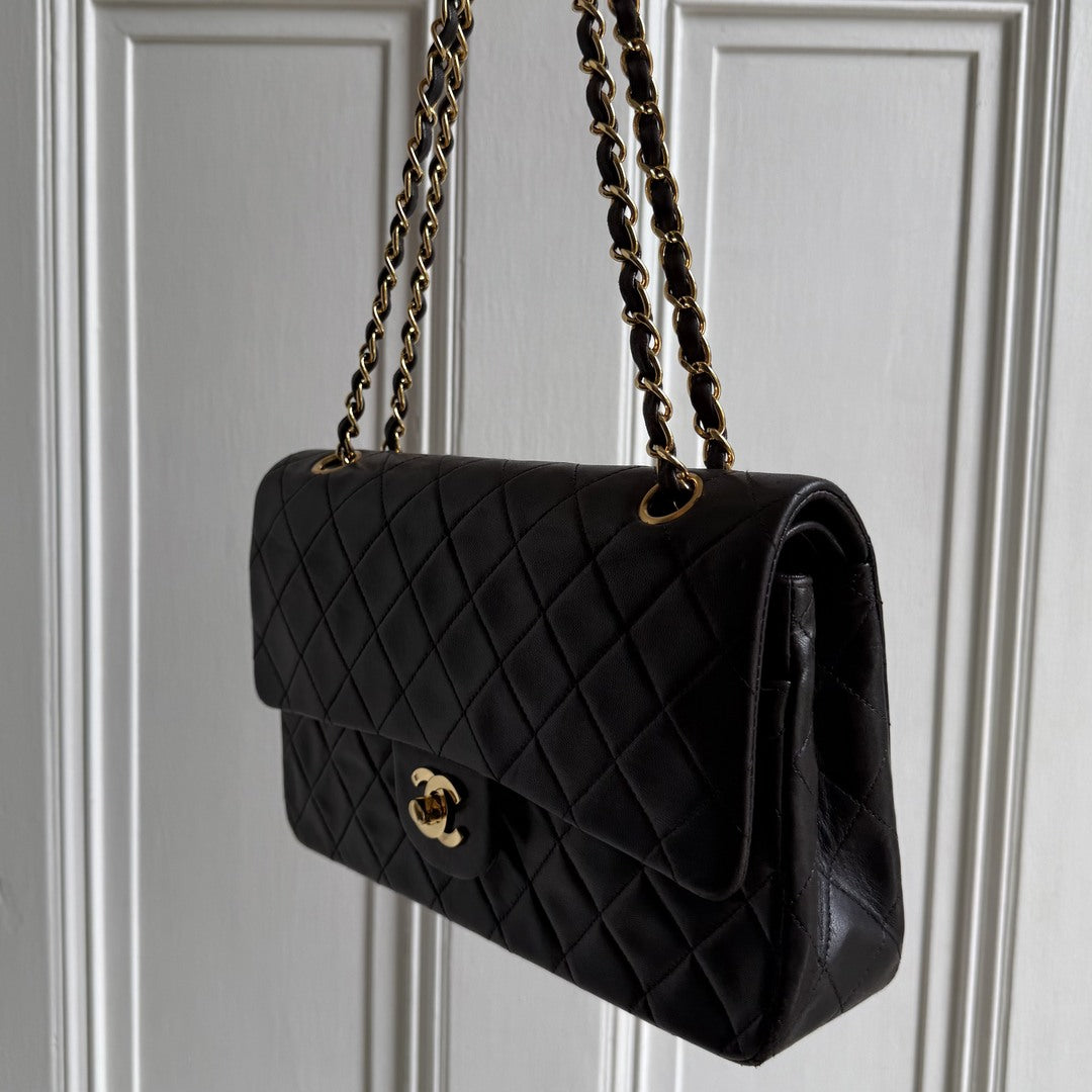 90s Chanel Matelasse Double Flap Chain 24K Gold Black Shoulder Bag
