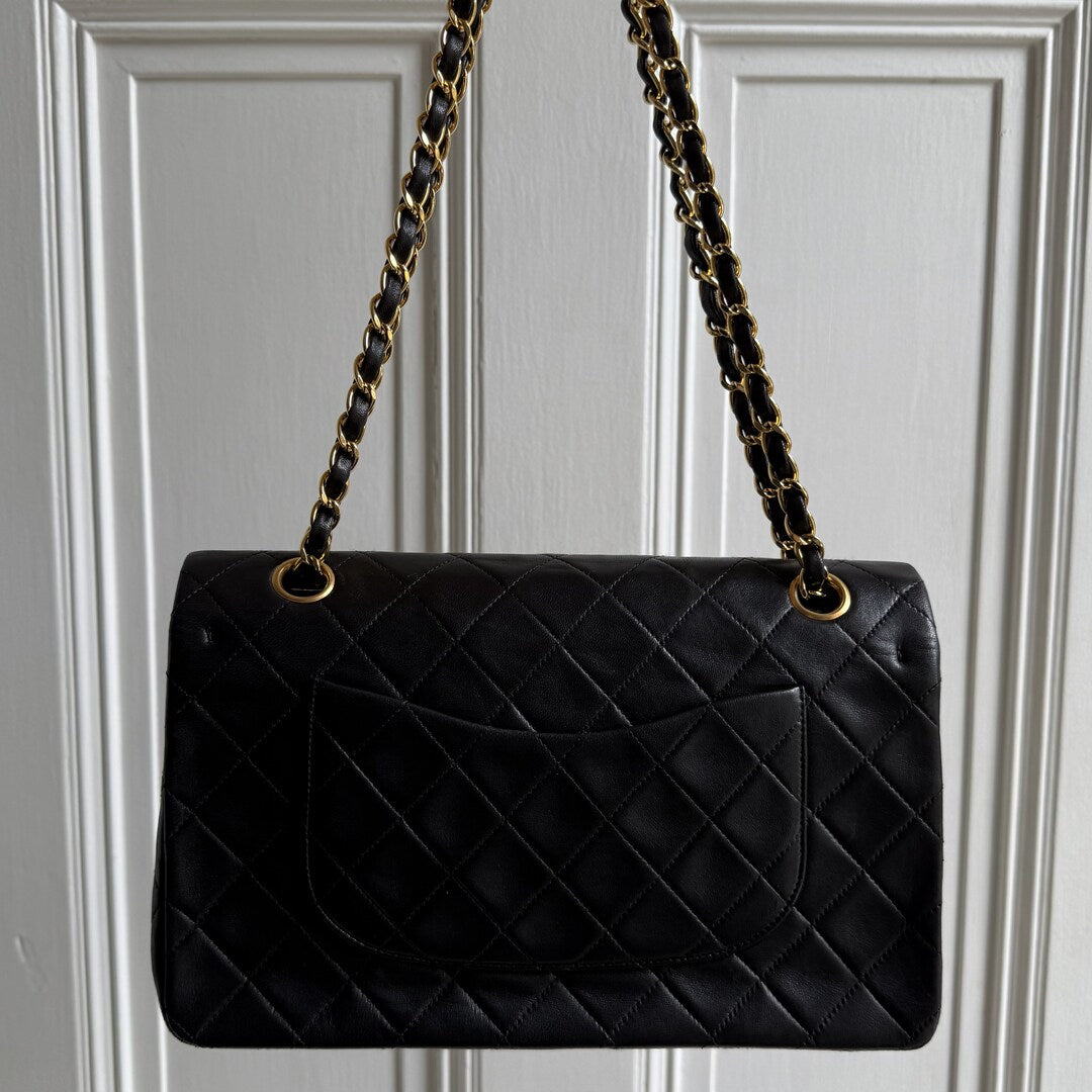 90s Chanel Matelasse Double Flap Chain 24K Gold Black Shoulder Bag