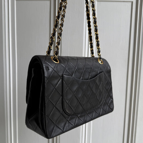 90s Chanel Matelasse Double Flap Chain 24K Gold Black Shoulder Bag