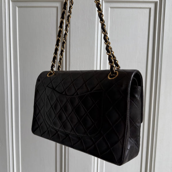 90s Chanel Matelasse Double Flap Chain 24K Gold Black Shoulder Bag