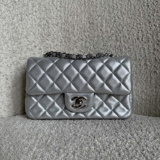 2021 Chanel Classic Metallic Silver Mini Flap Bag