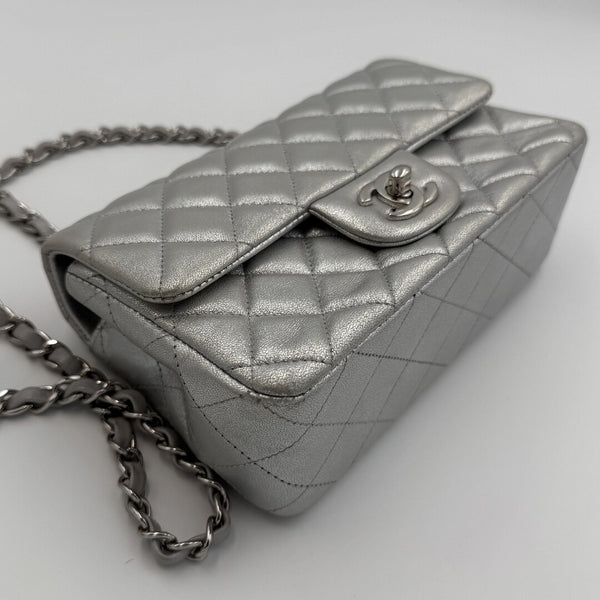 2021 Chanel Classic Metallic Silver Mini Flap Bag