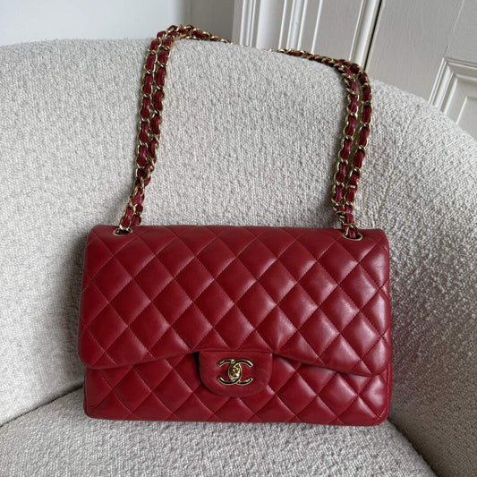 2015 Chanel Classic Jumbo Double Flap Red Shoulder Bag