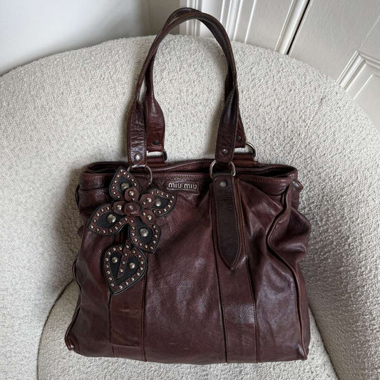 Archive Miu Miu Flower Leather Brown Tote Bag