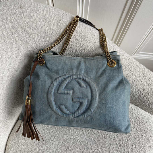 Gucci Soho Chain Denim Blue Tote Bag