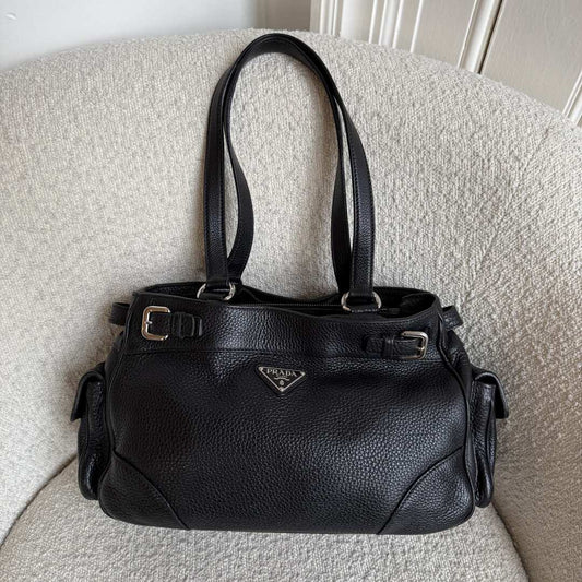 Prada Vitello Daino Leather Black Tote Bag