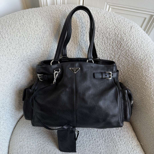 2004 Prada Vitello Daino Leather Black Tote Bag