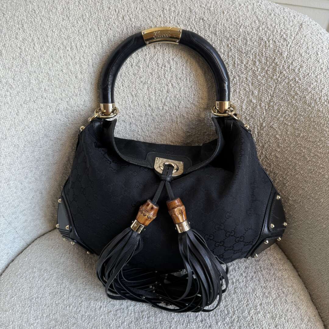 Gucci GG Canvas Indy Bamboo Black Handbag