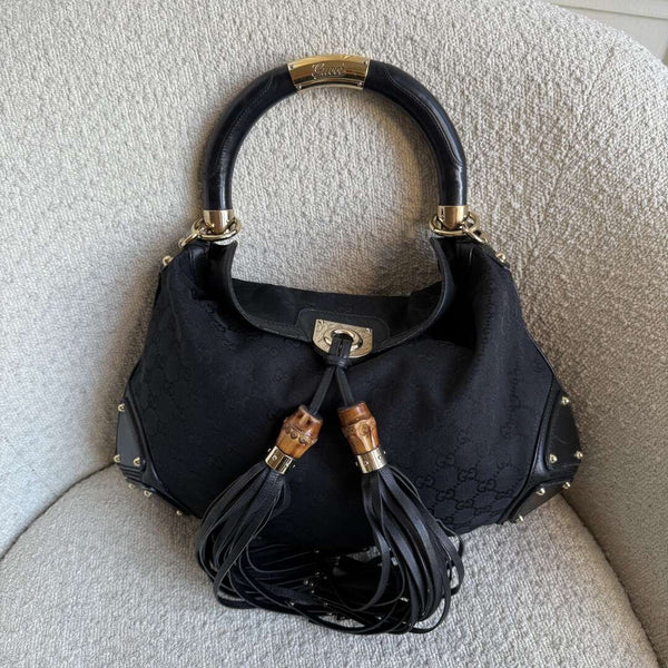 Gucci GG Canvas Indy Bamboo Black Handbag