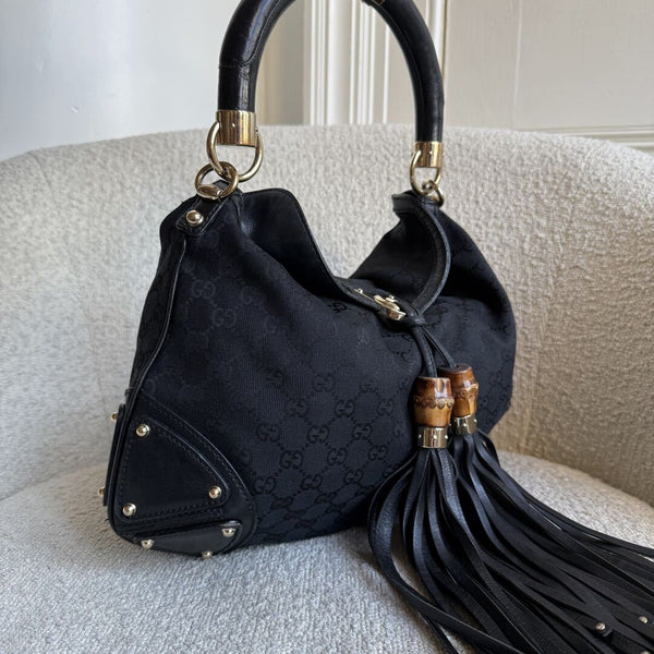 Gucci GG Canvas Indy Bamboo Black Handbag