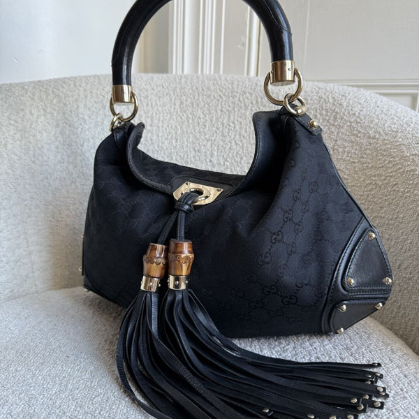 Gucci GG Canvas Indy Bamboo Black Handbag