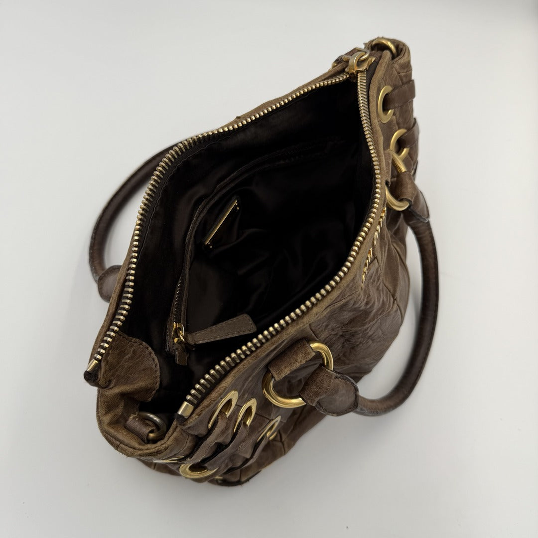 Miu Miu Grommet Chevron Brown Leather Handbag