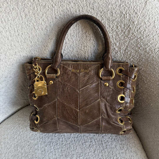 Miu Miu Grommet Chevron Brown Leather Handbag