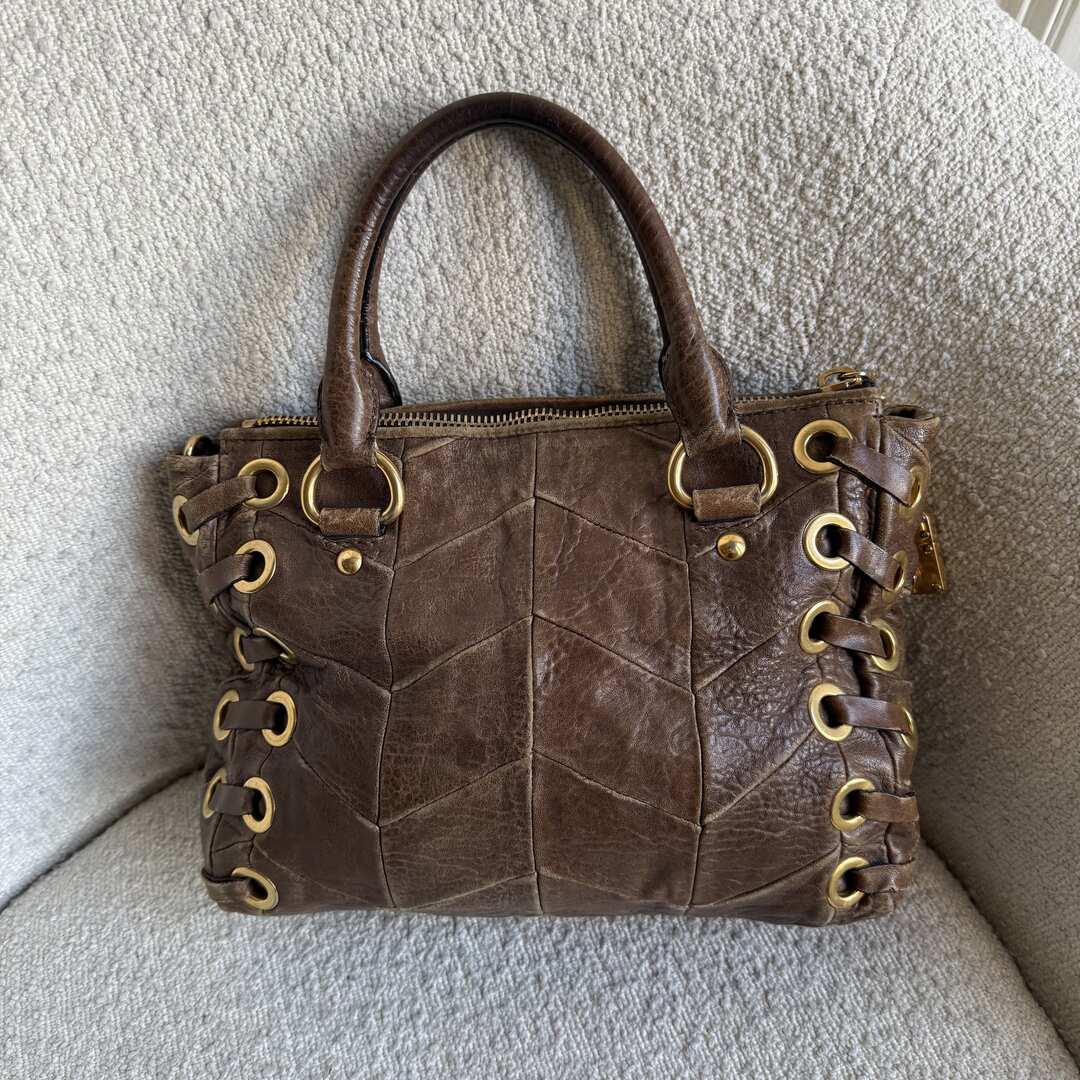 Miu Miu Grommet Chevron Brown Leather Handbag