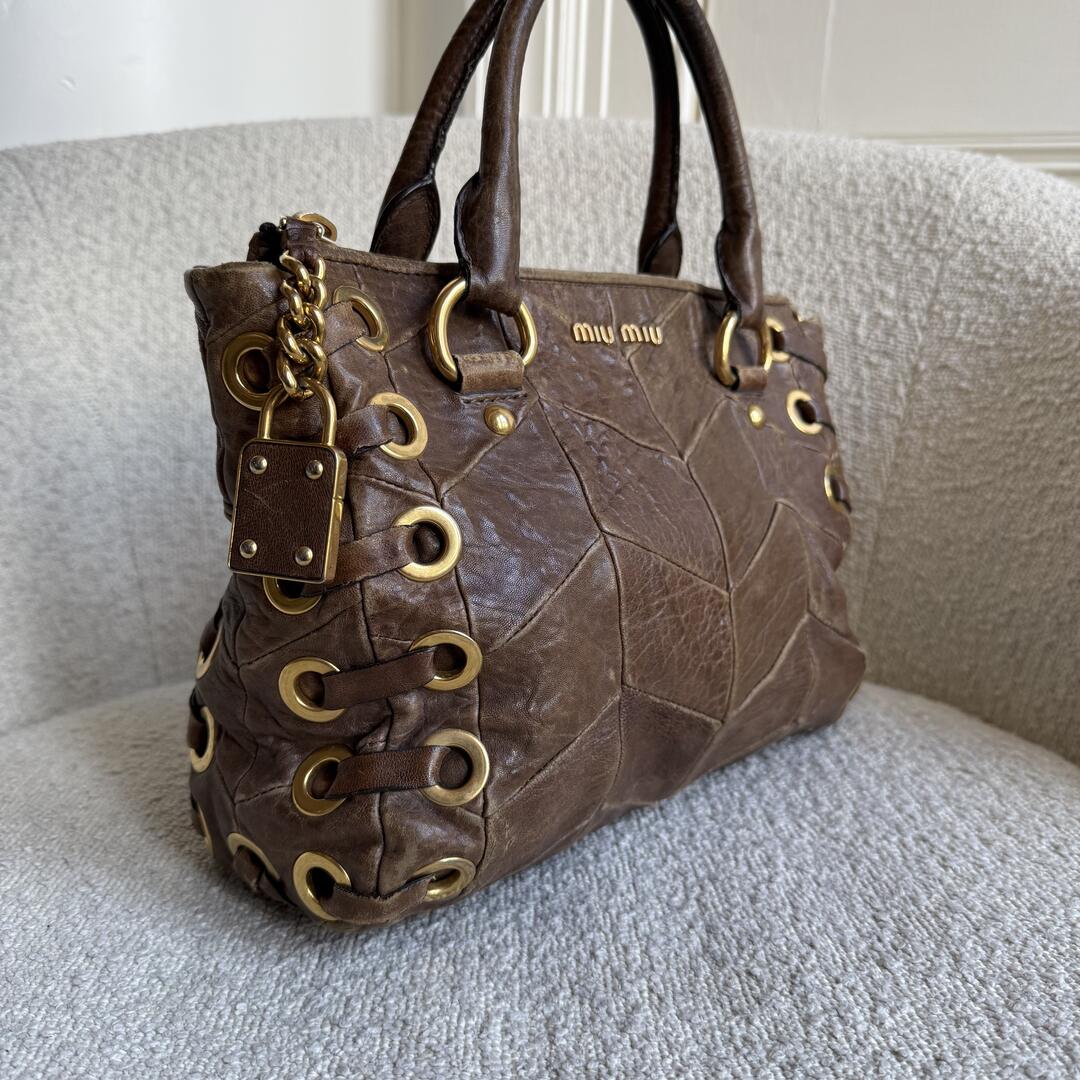 Miu Miu Grommet Chevron Brown Leather Handbag