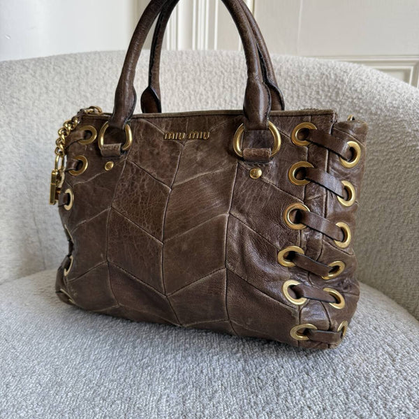 Miu Miu Grommet Chevron Brown Leather Handbag
