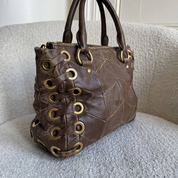 Miu Miu Grommet Chevron Brown Leather Handbag