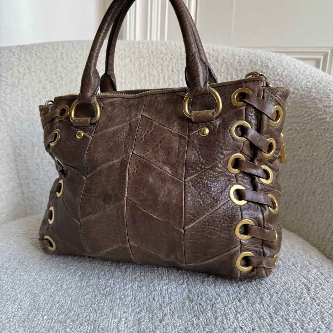 Miu Miu Grommet Chevron Brown Leather Handbag
