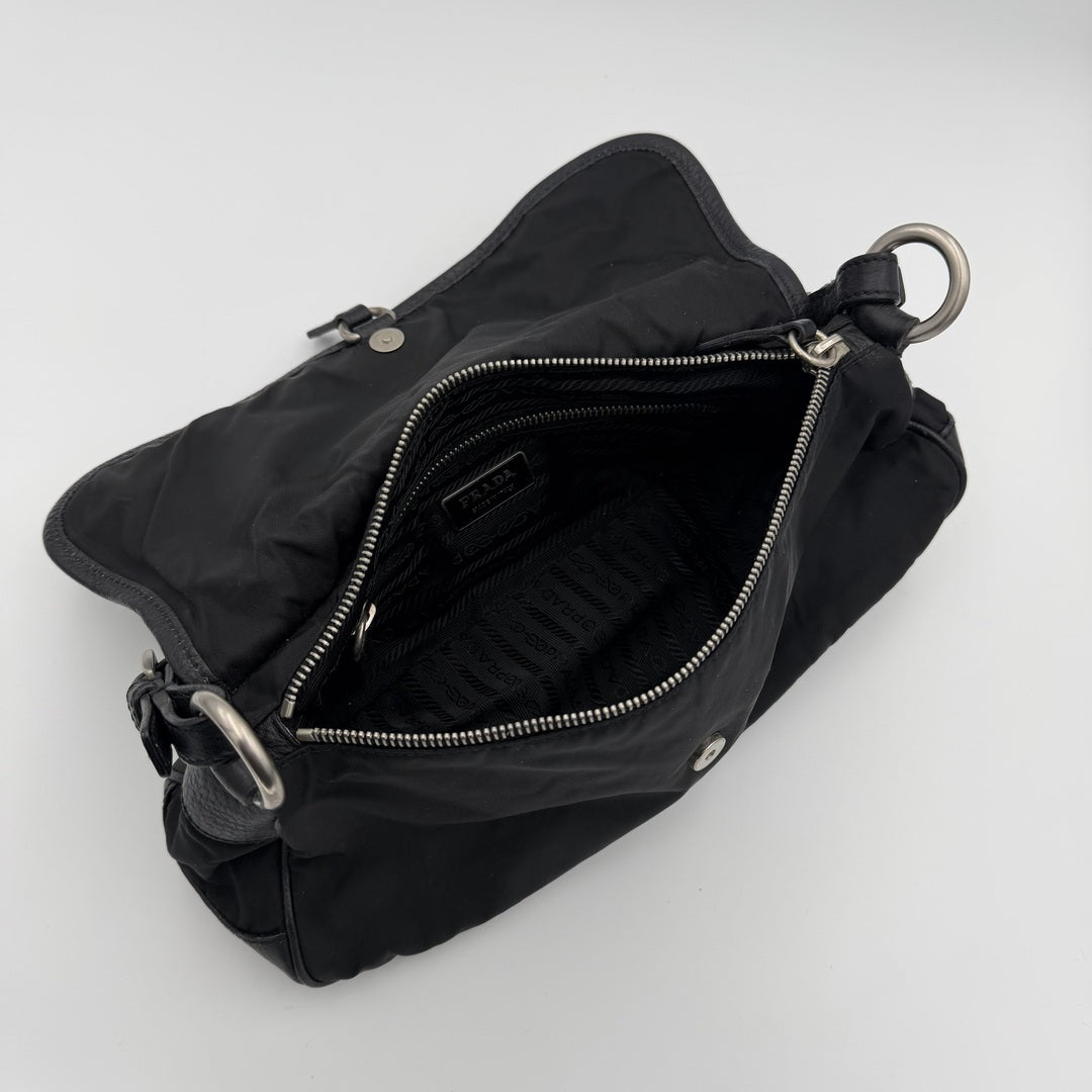 Prada Vitello-Trimmed Tessuto Nylon Black Shoulder Bag