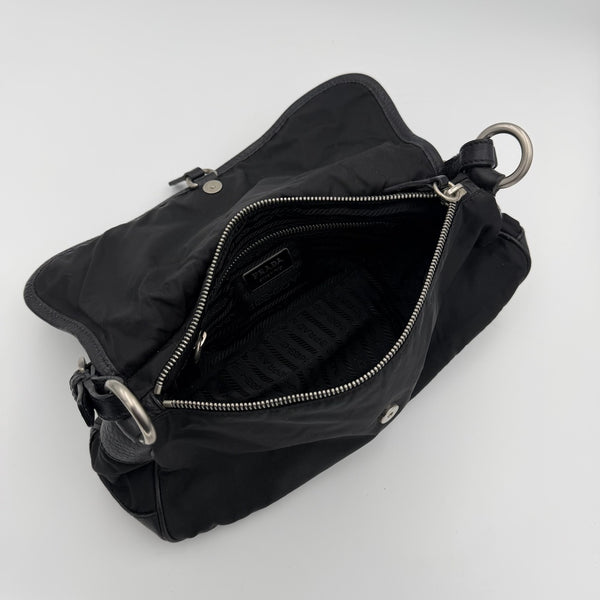 Prada Vitello-Trimmed Tessuto Nylon Black Shoulder Bag