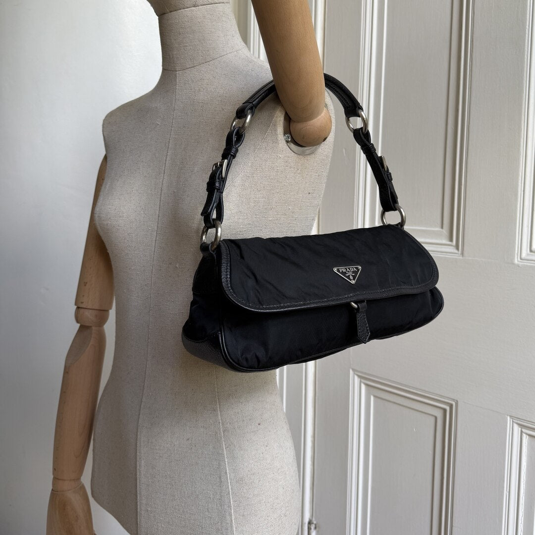 Prada Vitello-Trimmed Tessuto Nylon Black Shoulder Bag