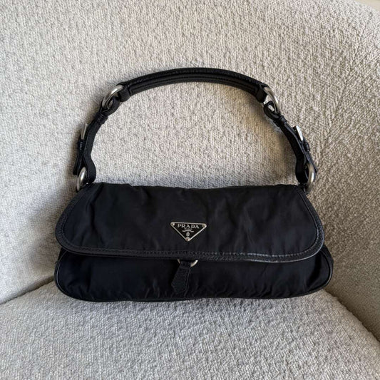 Prada Vitello-Trimmed Tessuto Nylon Black Shoulder Bag