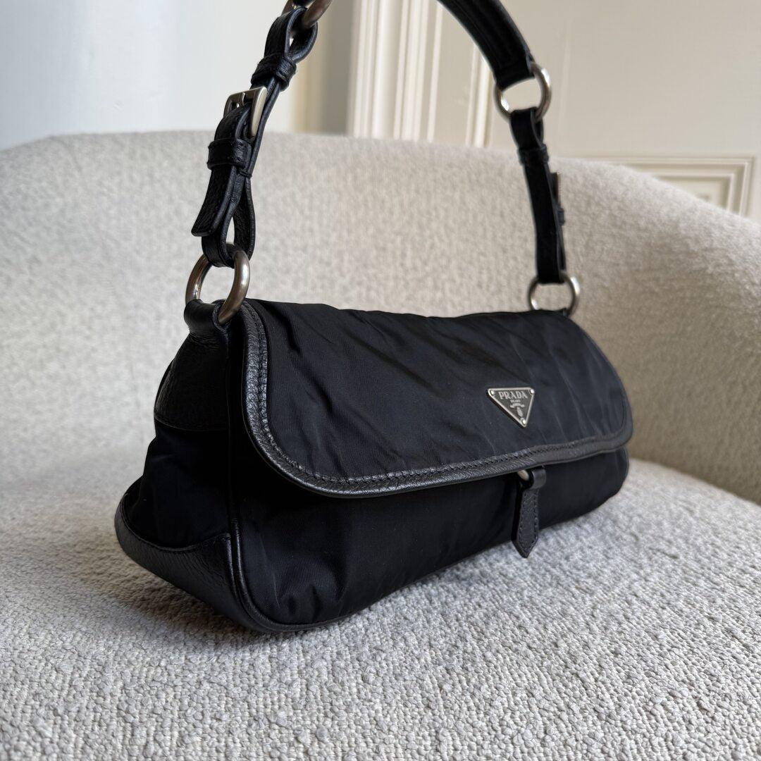 Prada Vitello-Trimmed Tessuto Nylon Black Shoulder Bag