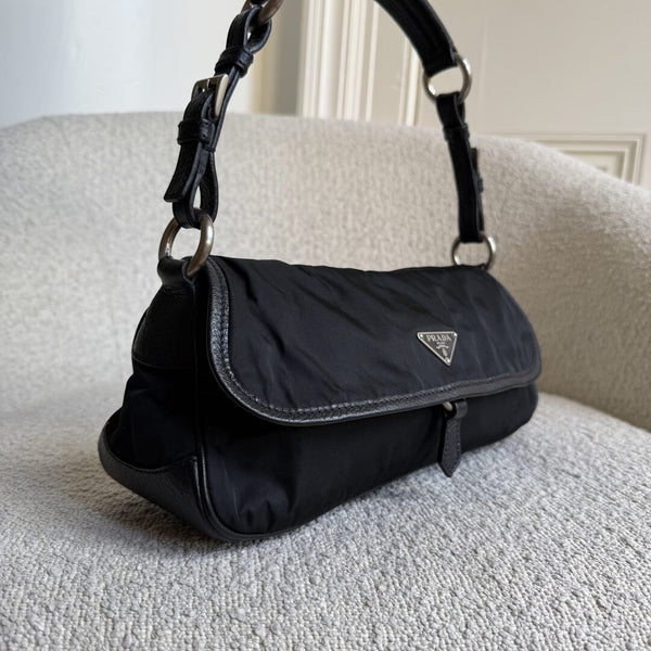 Prada Vitello-Trimmed Tessuto Nylon Black Shoulder Bag