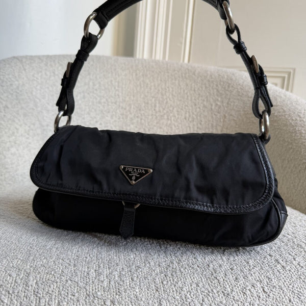 Prada Vitello-Trimmed Tessuto Nylon Black Shoulder Bag