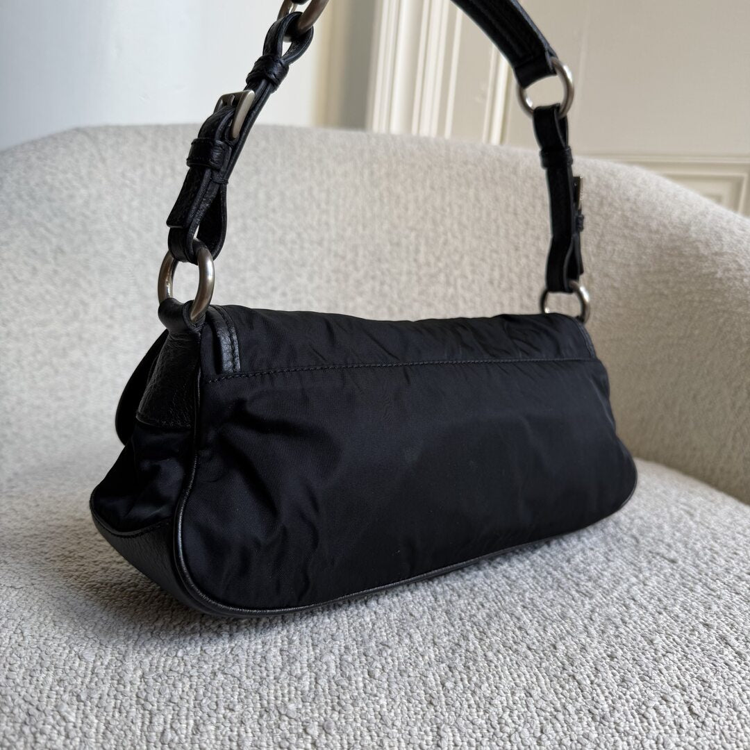 Prada Vitello-Trimmed Tessuto Nylon Black Shoulder Bag