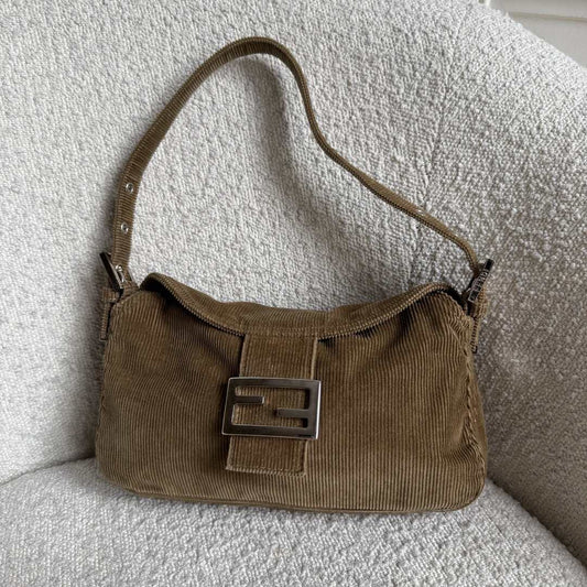 Fendi Mamma Baguette Corduroy Brown Shoulder Bag