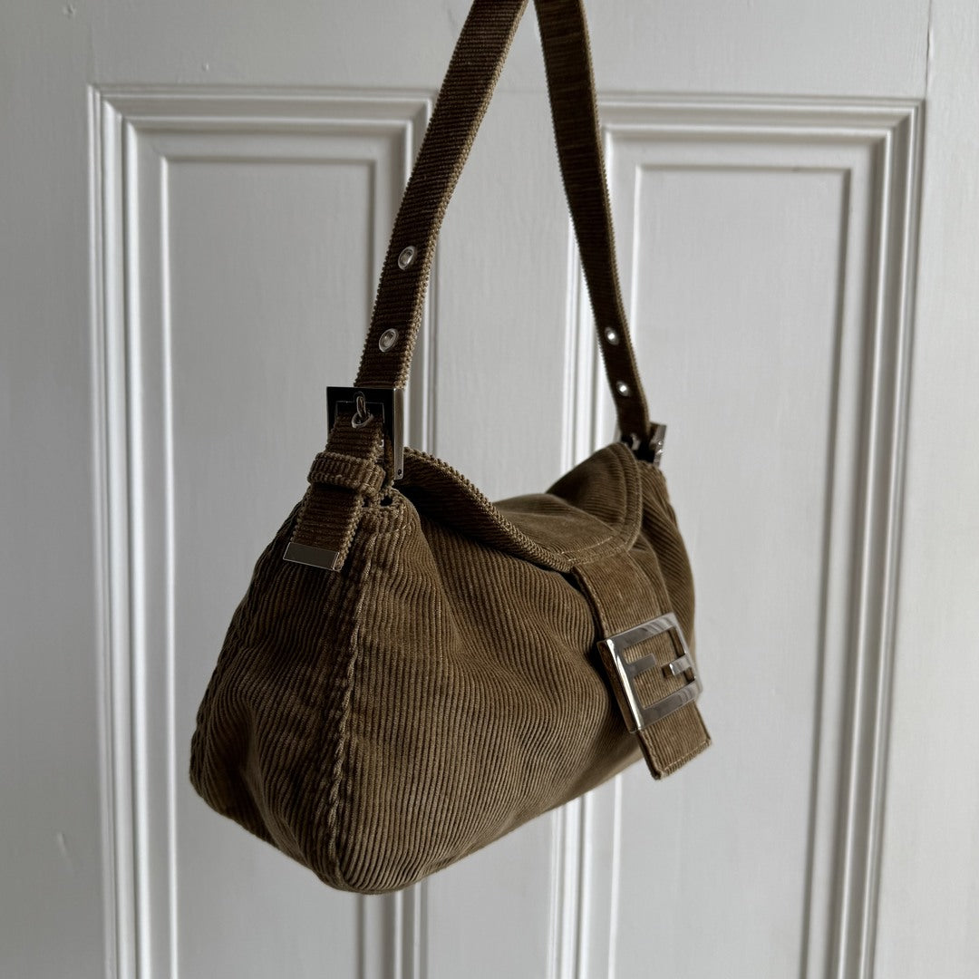 Fendi Mamma Baguette Corduroy Brown Shoulder Bag