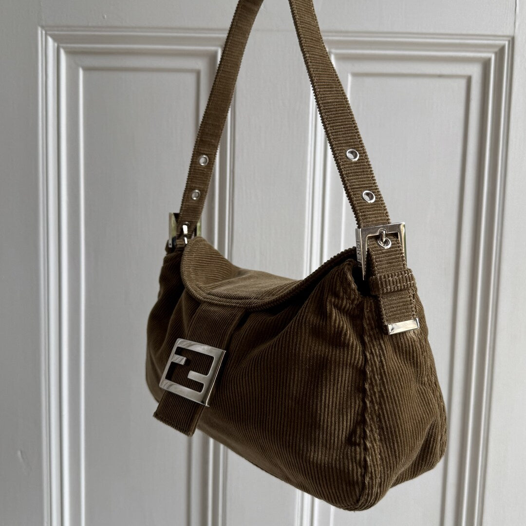 Fendi Mamma Baguette Corduroy Brown Shoulder Bag