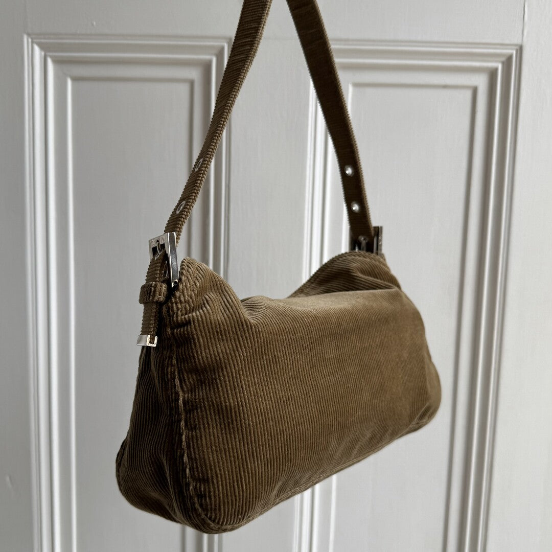 Fendi Mamma Baguette Corduroy Brown Shoulder Bag