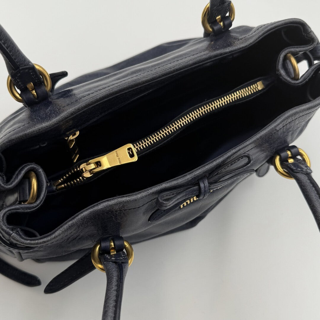 Miu Miu Vitello Bow Navy Leather Shoulder Bag