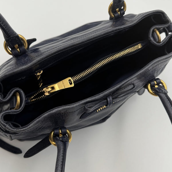 Miu Miu Vitello Bow Navy Leather Shoulder Bag