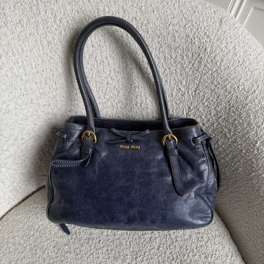 Miu Miu Vitello Bow Navy Leather Shoulder Bag
