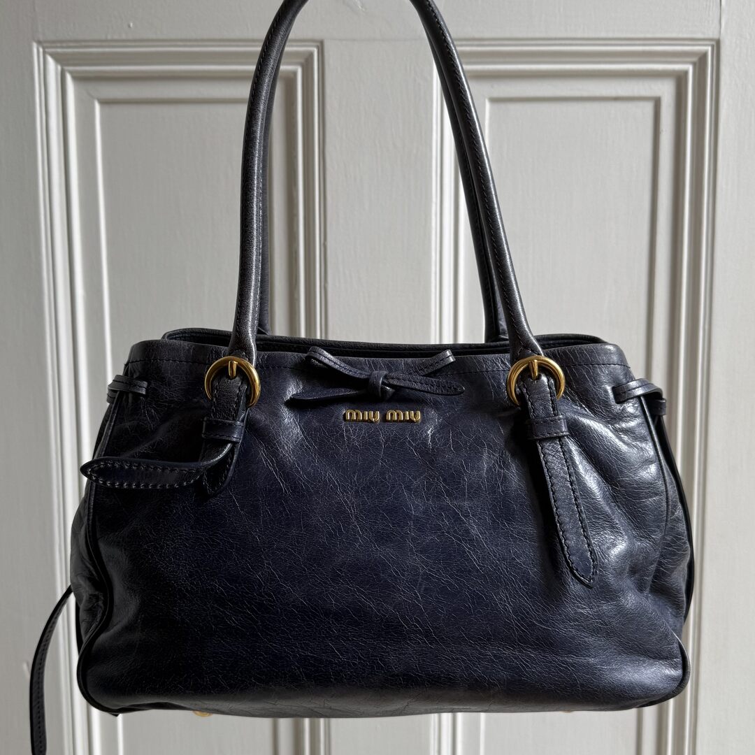 Miu Miu Vitello Bow Navy Leather Shoulder Bag