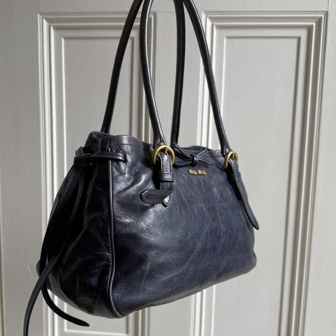 Miu Miu Vitello Bow Navy Leather Shoulder Bag