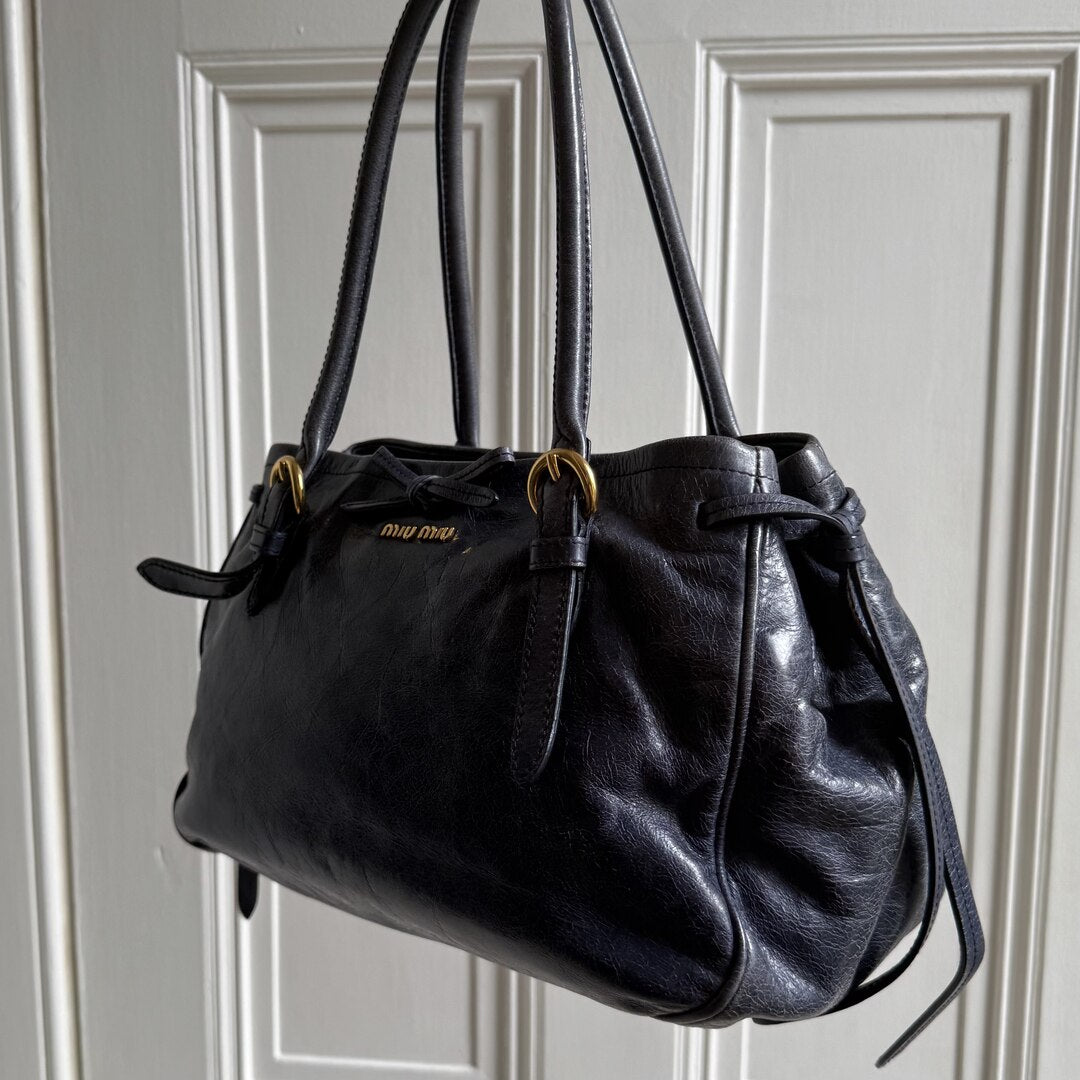 Miu Miu Vitello Bow Navy Leather Shoulder Bag