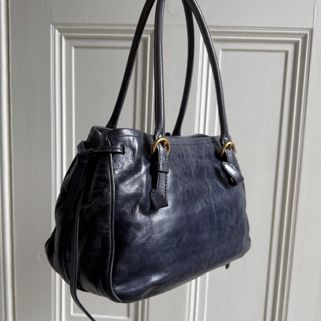 Miu Miu Vitello Bow Navy Leather Shoulder Bag