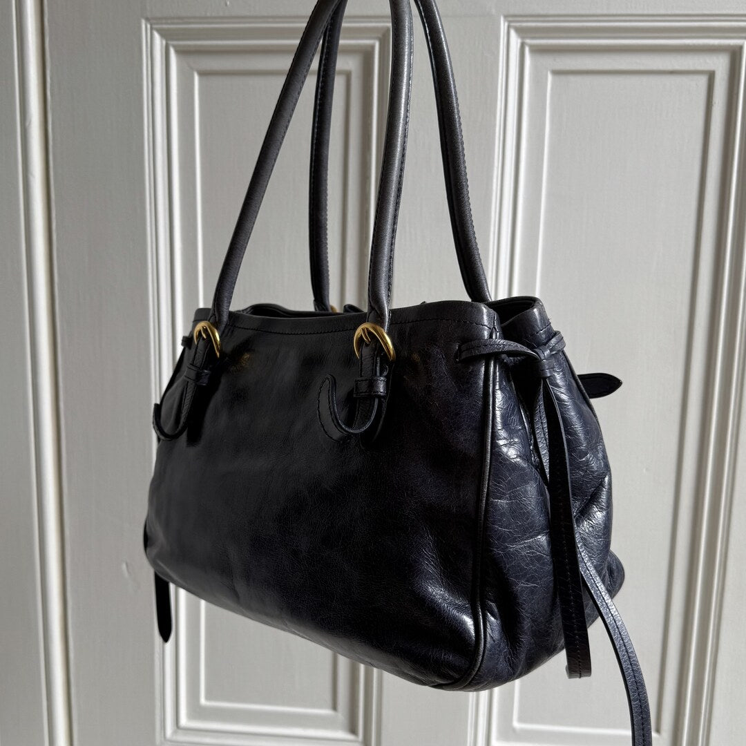 Miu Miu Vitello Bow Navy Leather Shoulder Bag