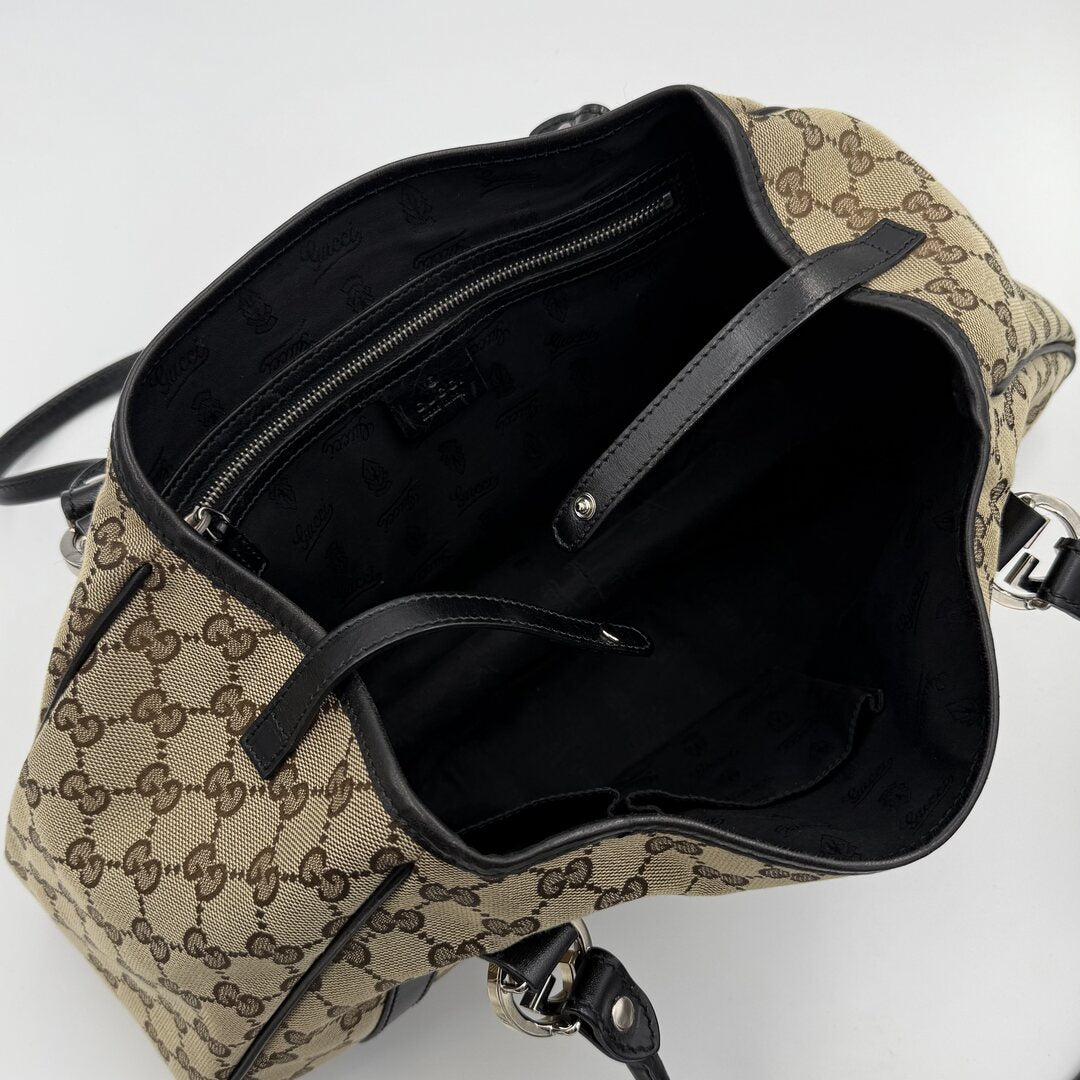 Gucci GG Canvas Twins Black Leather Tote Bag