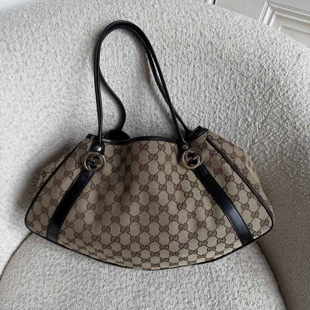 Gucci GG Canvas Twins Black Leather Tote Bag