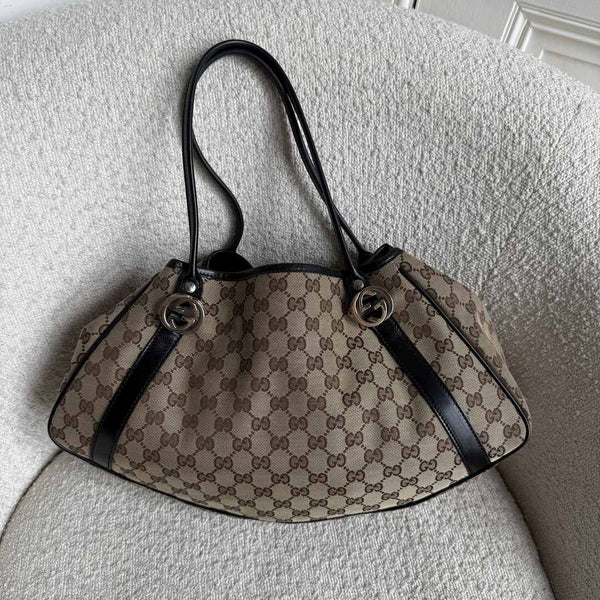 Gucci GG Canvas Twins Black Leather Tote Bag