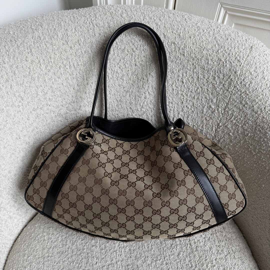 Gucci GG Canvas Twins Black Leather Tote Bag